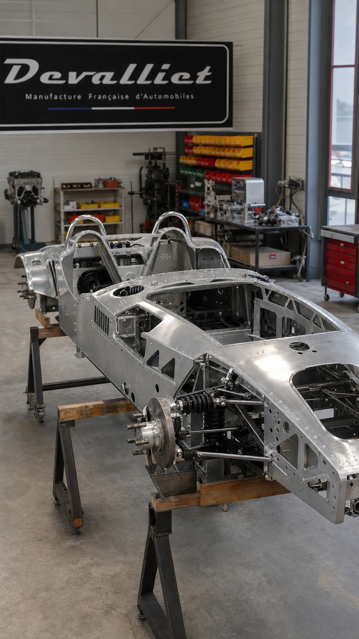Châssis nu en aluminium posé sur tréteaux dans l’atelier