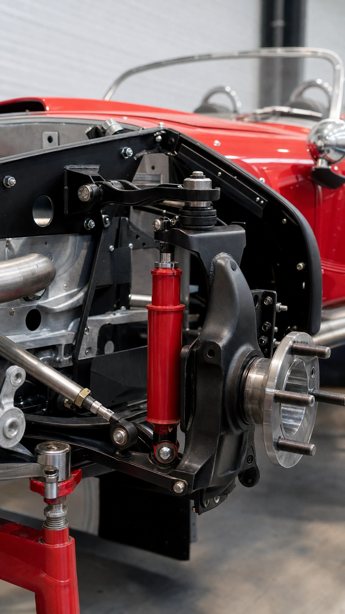 Gros plan sur une suspension avant : amortisseur rouge, triangle et moyeu, carrosserie rouge au-dessus