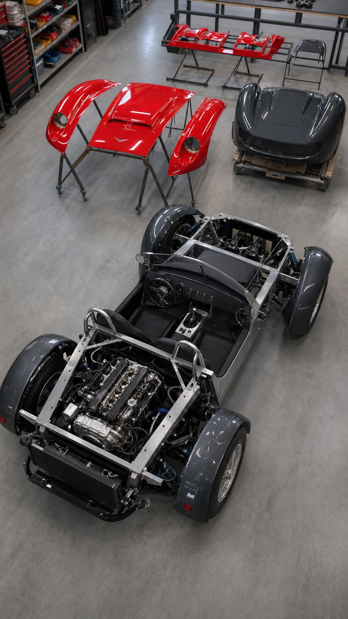 Vue plongeante : panneaux de carrosserie rouges et graphite à côté du châssis motorisé