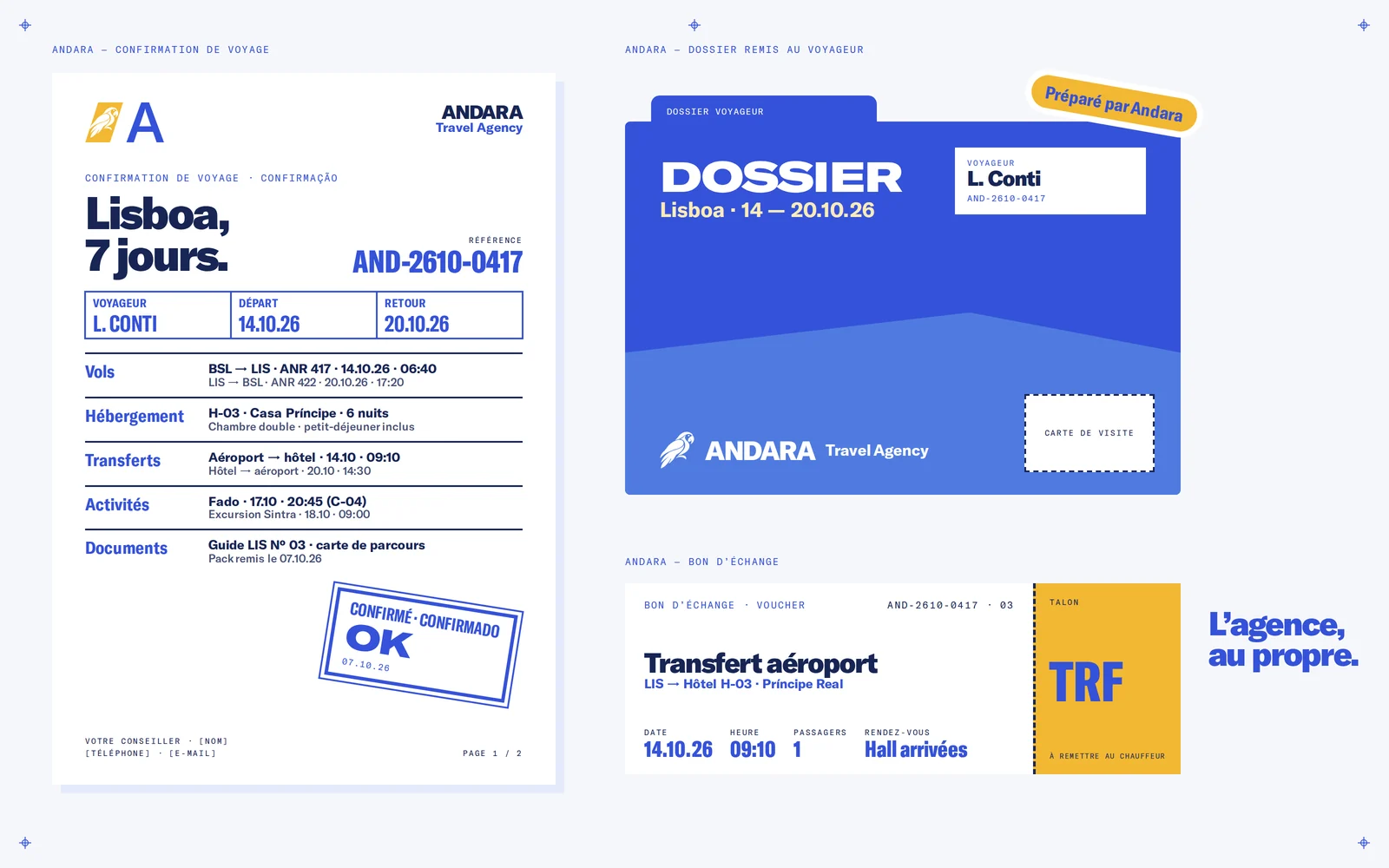 Documents d’agence Andara : devis Lisboa 7 jours, dossier client et bon de transfert aéroport.