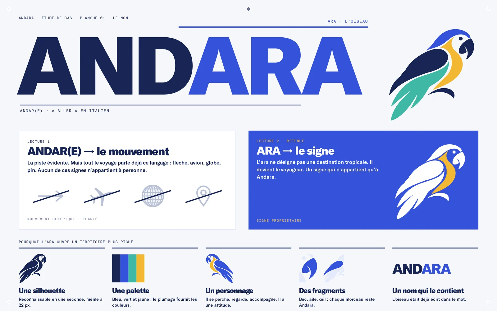 Étude de cas Andara, planche 1 : le nom vient d’andare, aller, et de l’ara ; le logotype et le symbole de l’ara.