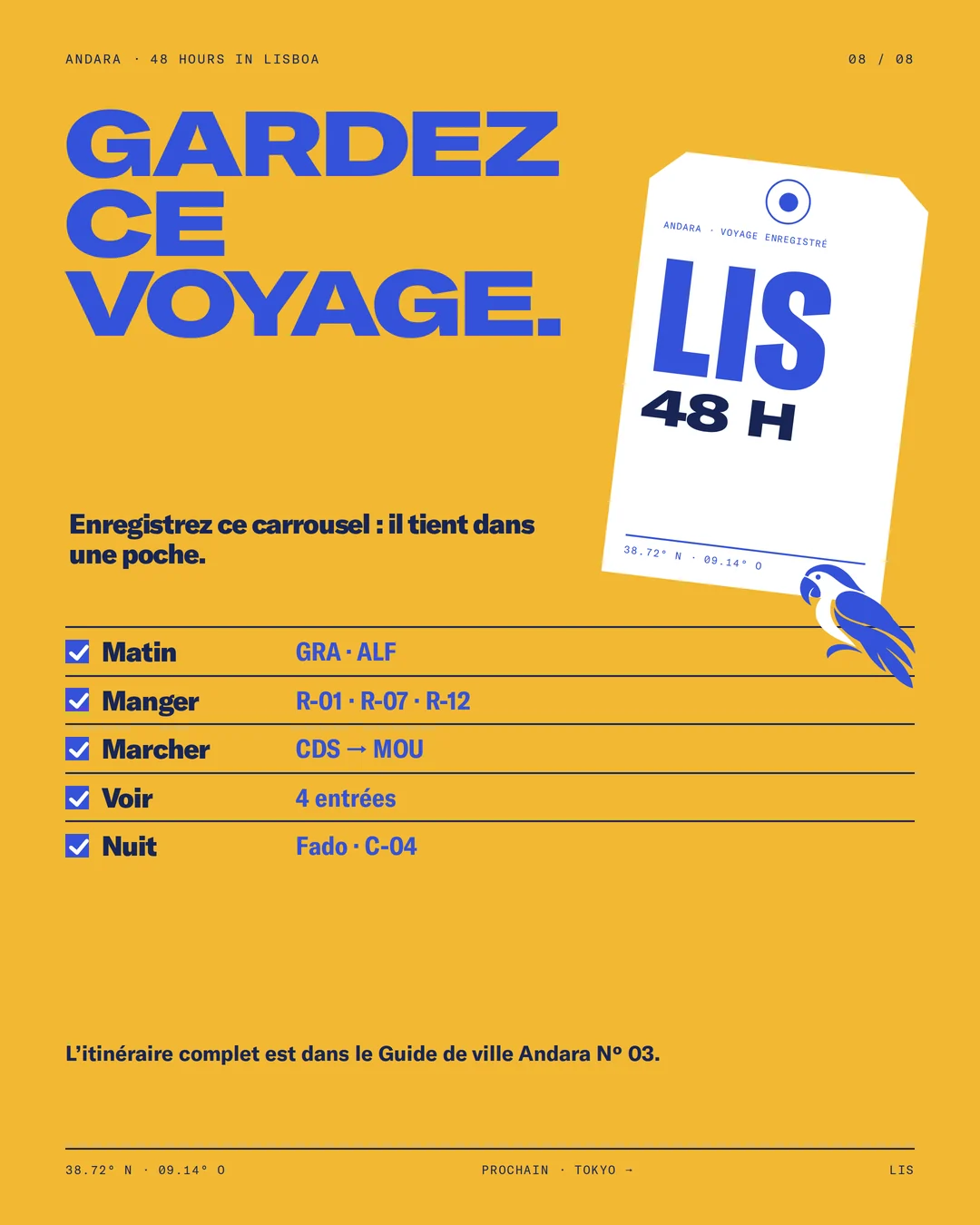 Slide finale du carrousel Lisboa : « Gardez ce voyage » et récapitulatif coché des cinq moments.