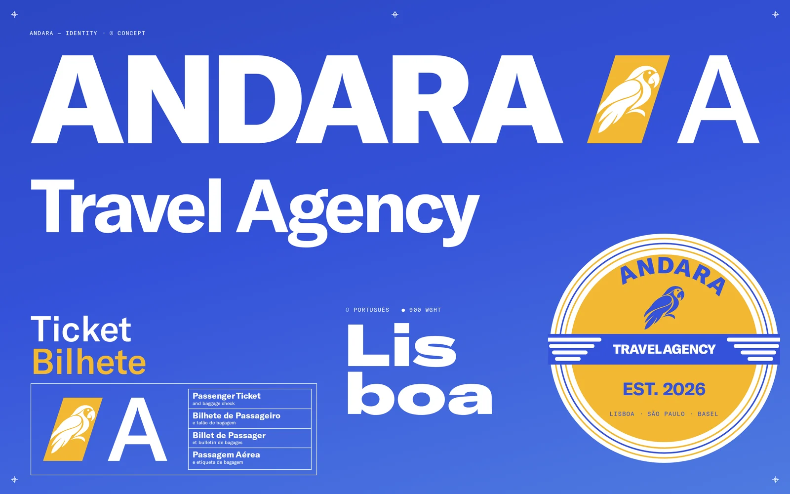 Planche d’identité Andara : logotype ANDARA blanc sur bleu, bloc logo avec l’ara, billet de passager et macaron Travel Agency