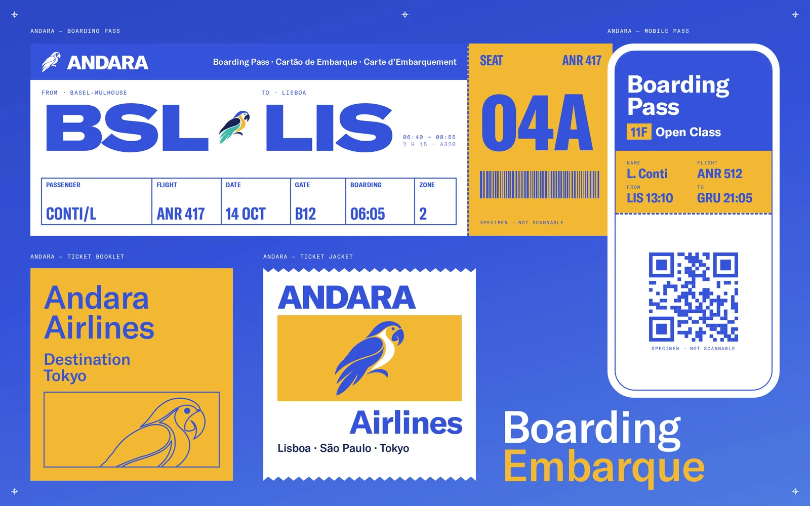 Carte d’embarquement Andara BSL vers LIS, siège 04A, avec QR code et talon détachable.
