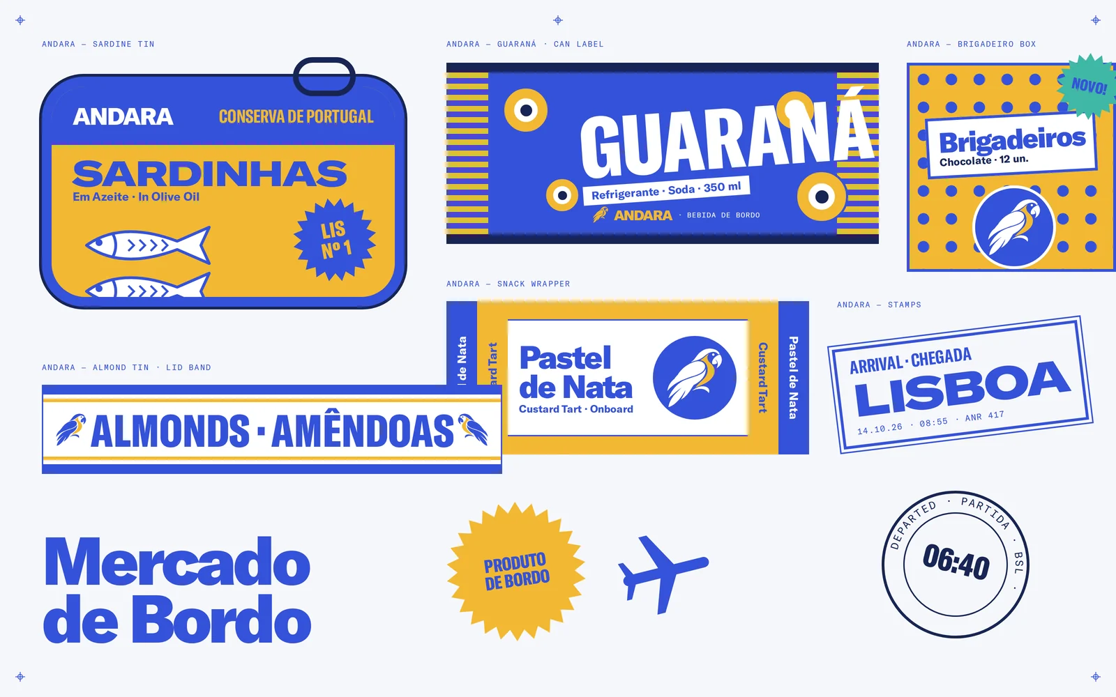 Épicerie de bord Andara : boîte de sardines, pastel de nata, amandes, autocollant Lisboa et fromage, en emballages imprimés deux encres.