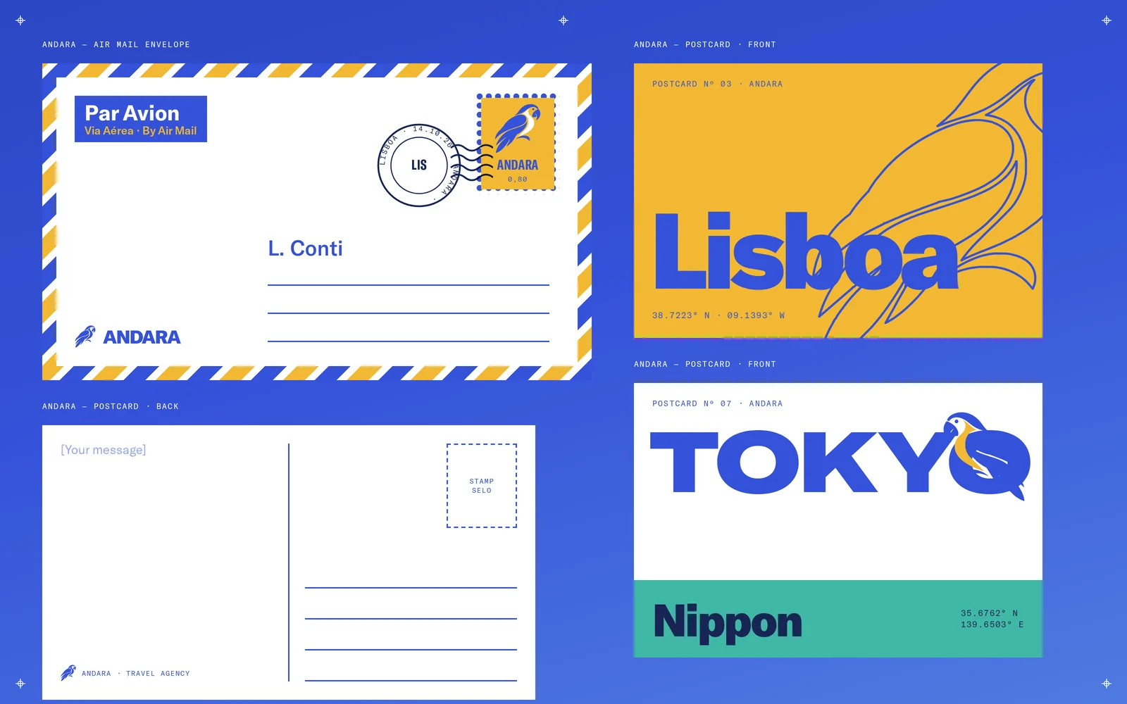 Correspondance Andara : enveloppe par avion pour L. Conti, cartes postales Lisboa et Tokyo.