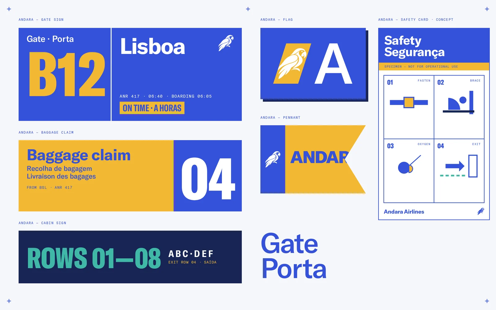 Signalétique aéroportuaire Andara : porte B12, retrait des bagages, plaque Lisboa et pictogrammes.
