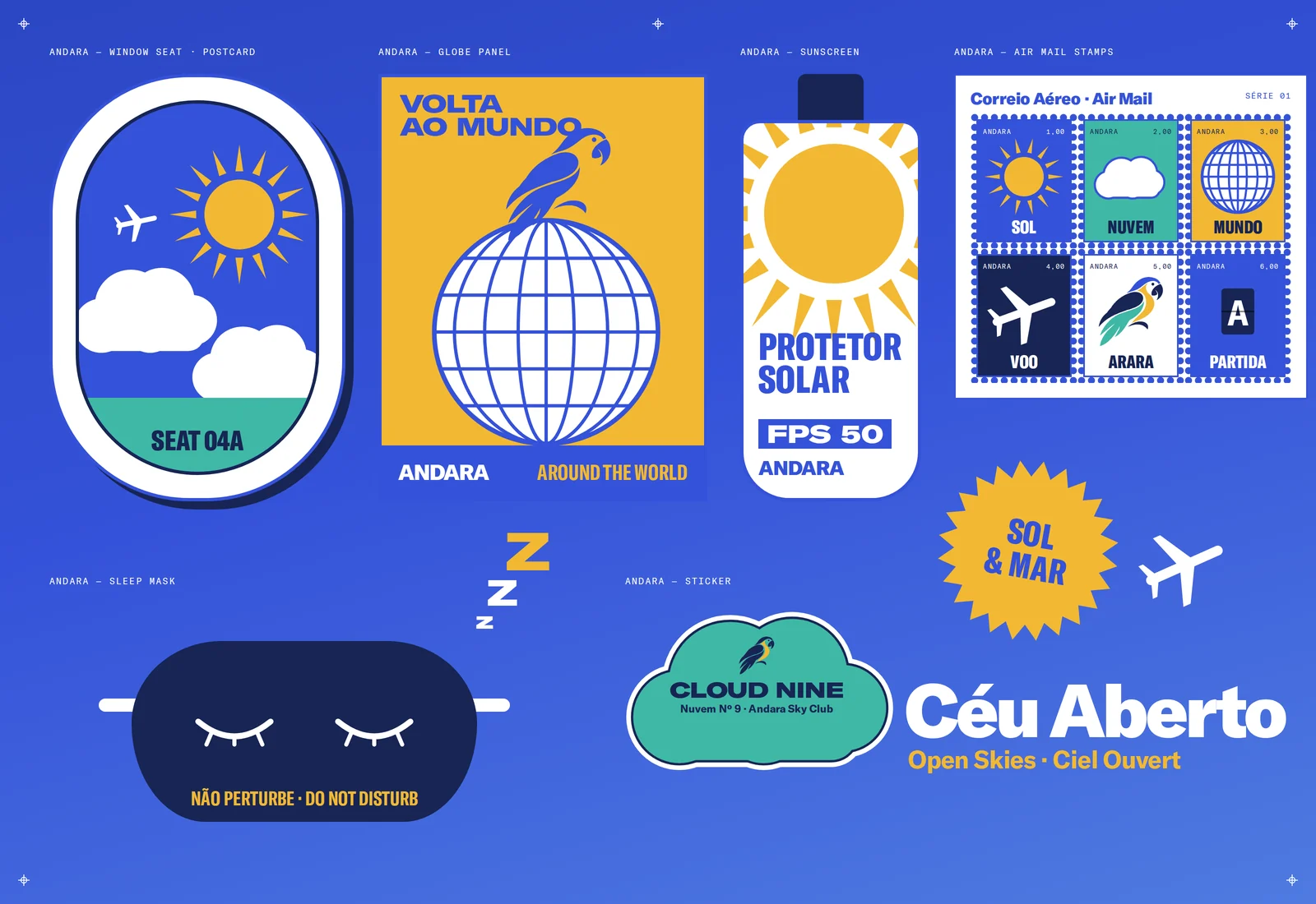 Univers céleste Andara : soleil, globe, masque de nuit et nuage Céu Aberto, en bleu et souci.