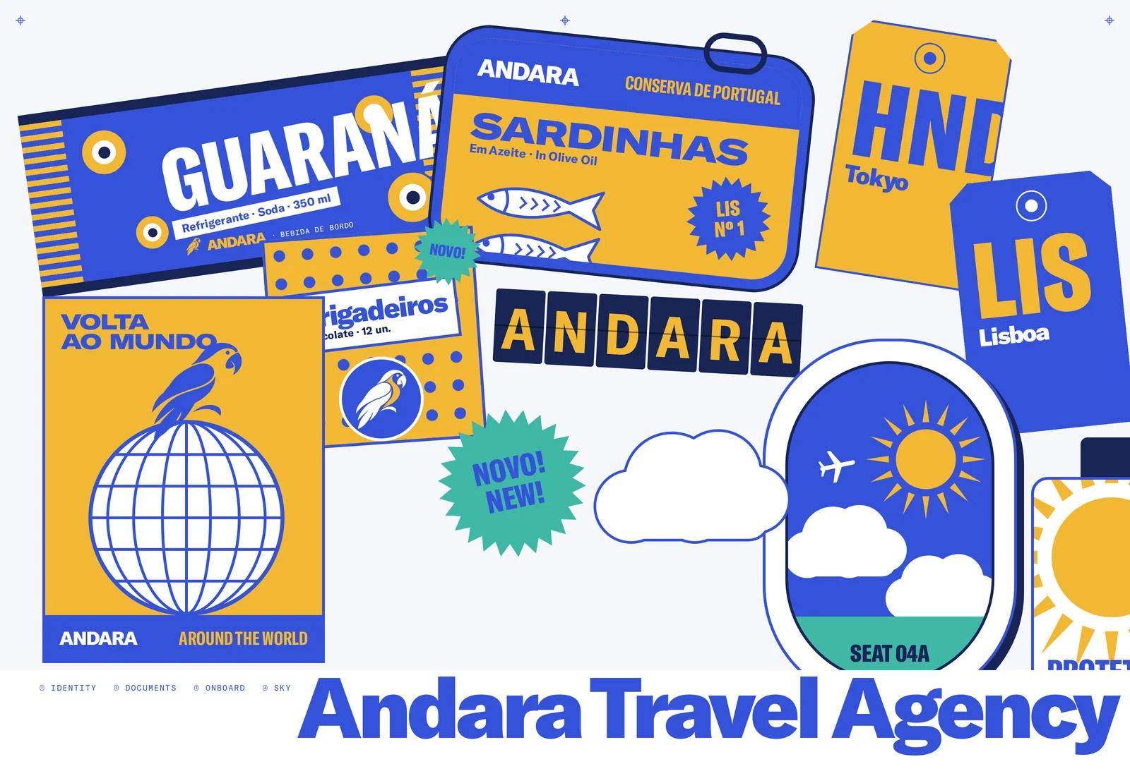 Collage d’objets de voyage Andara : étiquettes de bagage GRU et HND, boîte de sardines, globe, tampons et autocollants aux couleurs de la marque.