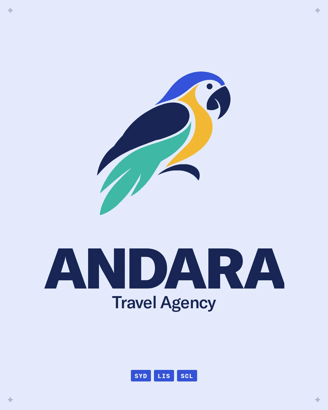 Dernière image du film : l’ara et le logotype ANDARA Travel Agency sur fond ciel pâle.