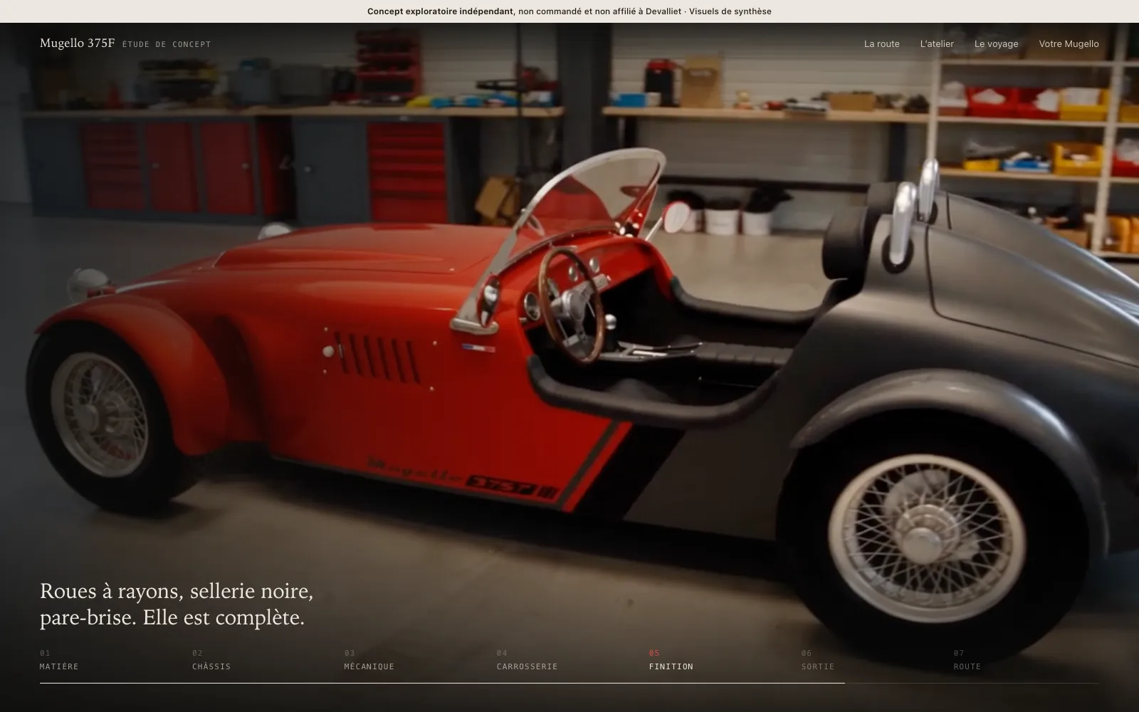 Ouverture de la démonstration : roadster rouge et graphite terminé dans l’atelier, chapitre « Finition » du défilement