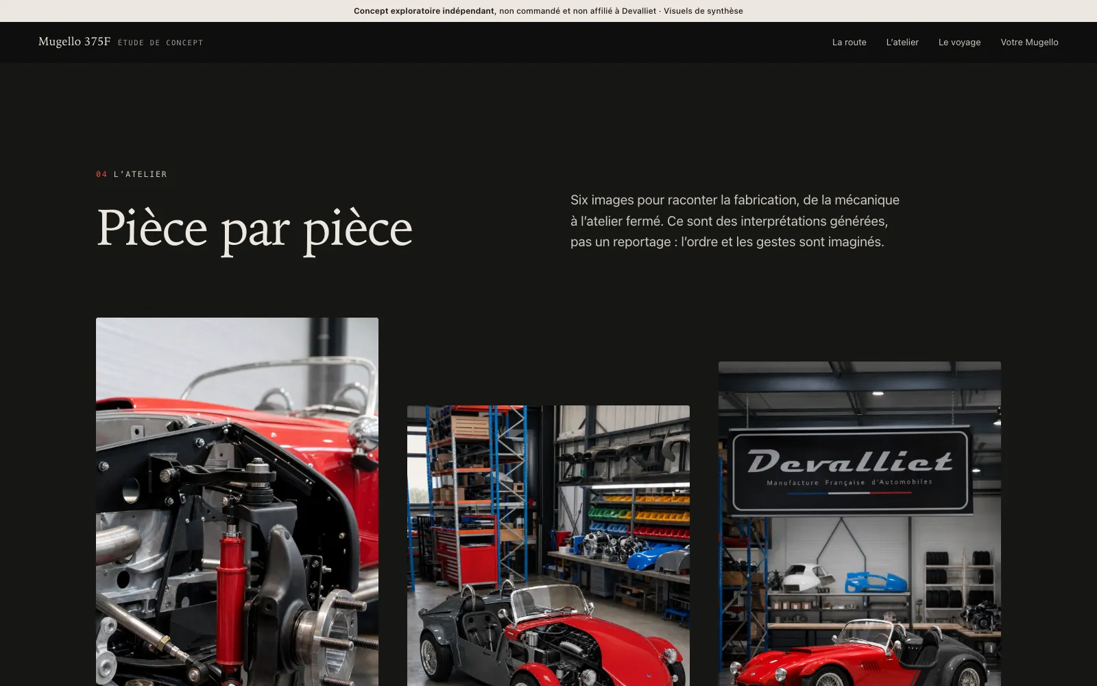 Section « Pièce par pièce » : images générées de l’atelier, légendées comme interprétations