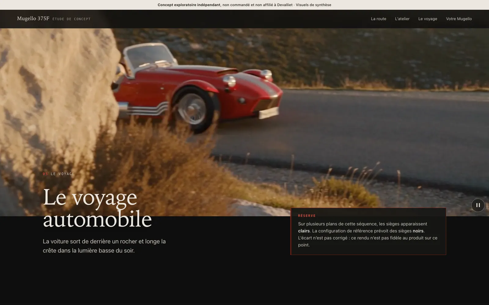 Section « Le voyage automobile » : séquence au coucher du soleil et encadré de réserve sur les sièges