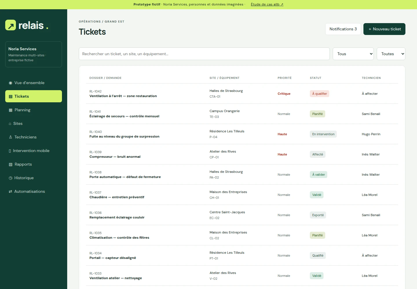 Liste des tickets Relais avec recherche, filtres, priorité, statut et technicien affecté