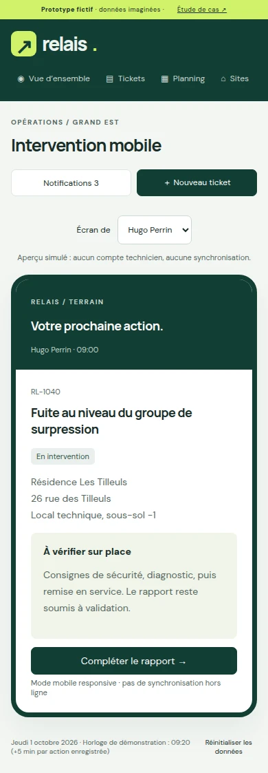 Vue terrain Relais sur mobile : dossier RL-1040, accès au site et bouton « Compléter le rapport »