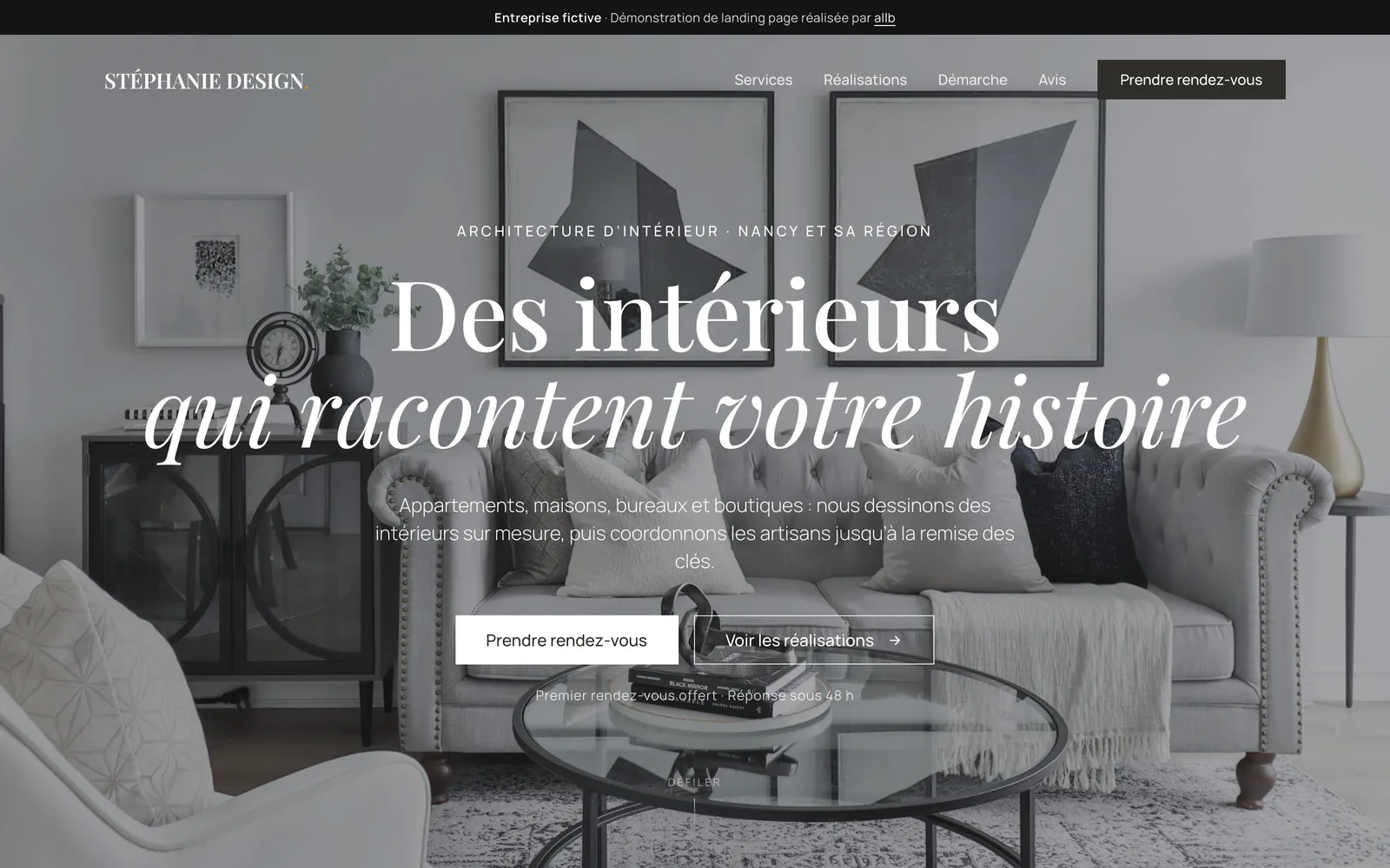 Haut de la landing page Stéphanie Design : titre, accroche et bouton « Prendre rendez-vous »