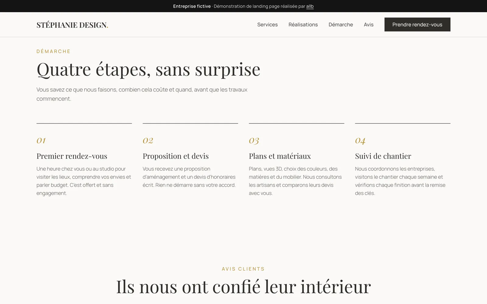 Section « Démarche » : quatre étapes, du premier rendez-vous au suivi de chantier
