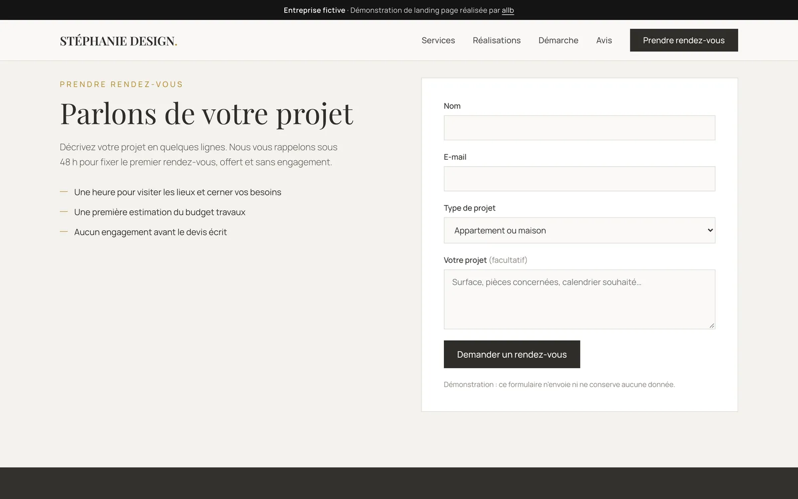 Section « Parlons de votre projet » avec le formulaire de demande de rendez-vous