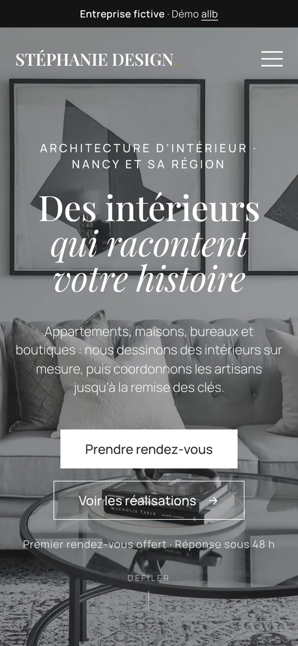 Haut de la page sur mobile, avec le bouton « Prendre rendez-vous »